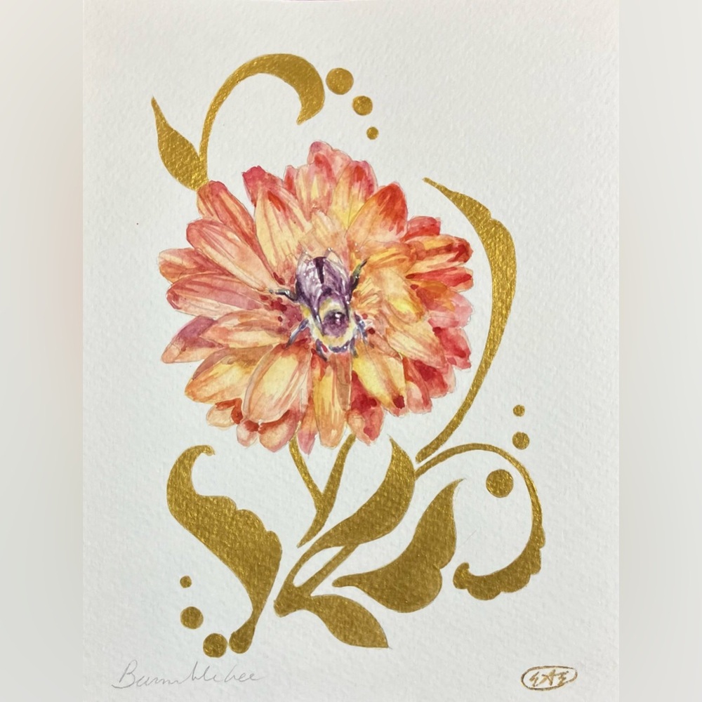 Original Watercolor Art Painting bee bumblebee Dahlia Flower Gold accent floral